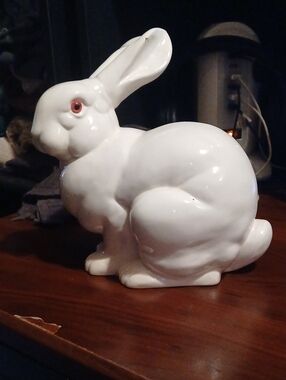 Glossy White Ceramic Rabbit Sculpture - Home Art Accent